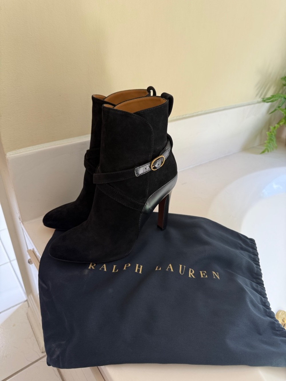 Ralph Lauren Purple Label Black Suede Ankle Boots with Strap